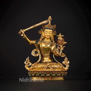 Handmade 24K Gold Manjushri Statue: Tibetan Wisdom Bodhisattva Decor