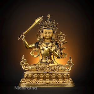 Handmade Manjushree Statue | Nepal Buddhist Art | Tibetan Wisdom Deity Statue | 24k Gold Gilded Masterpiece Statue