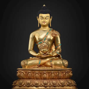 Hand-Carved Amitabha Buddha Statue: 24K Gold, Turquoise Altar Decor