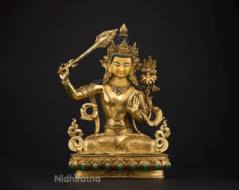 24-karaats goud vergulde Manjushri-boeddhabeeld - handgemaakte Nepalese wijsheidsgodheid