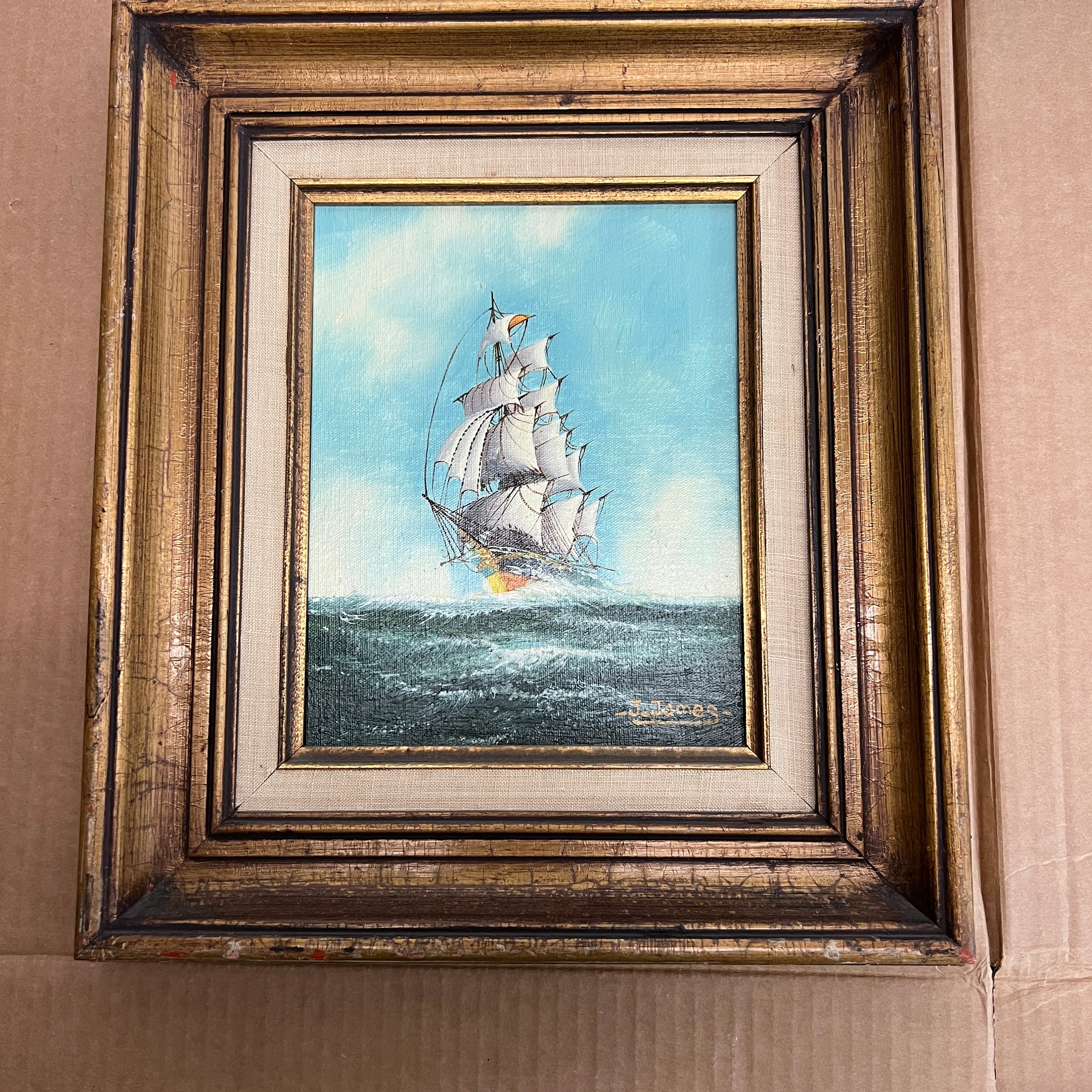 Signed J. James, Clipper Ship on the Ocean, Oil on Canvas Painting