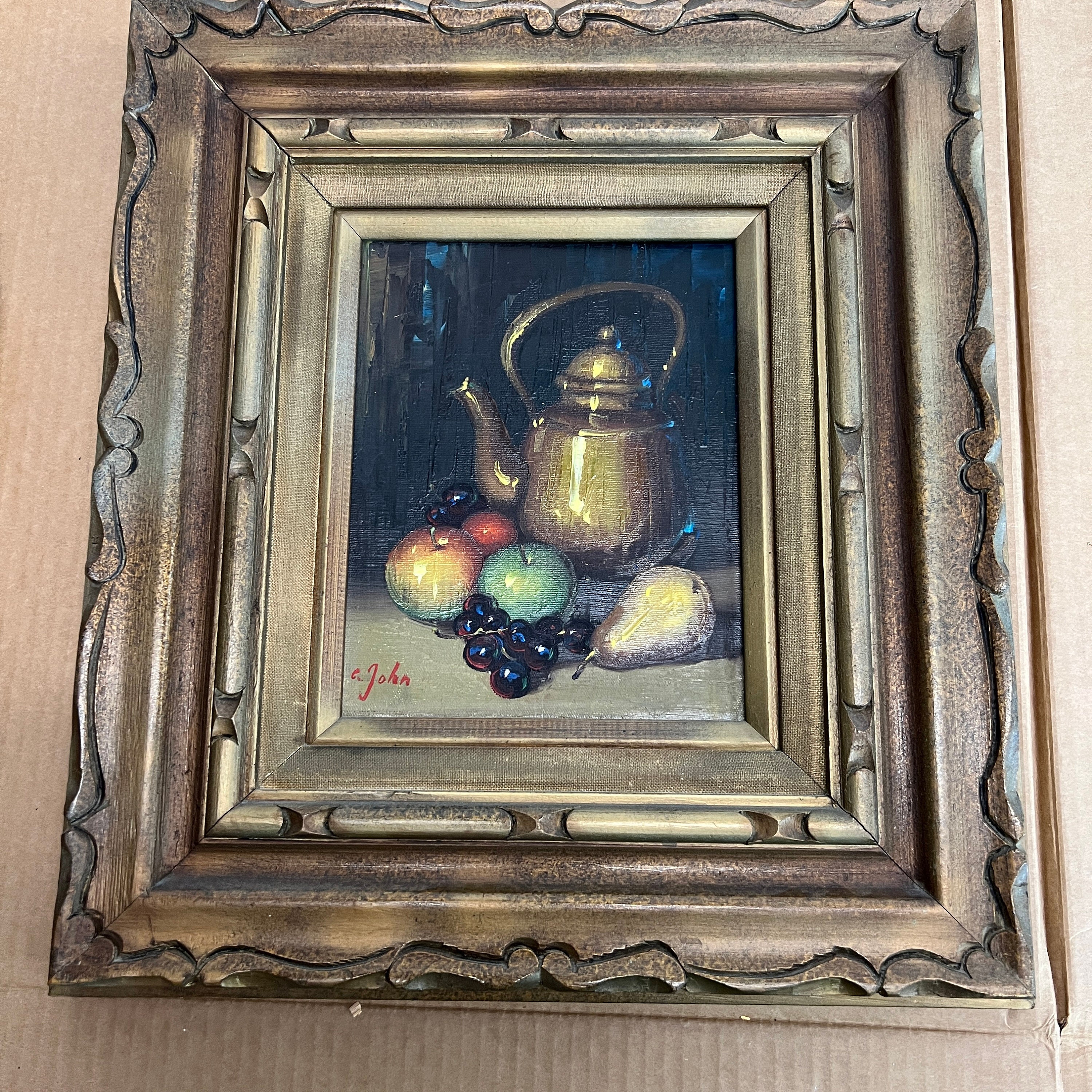 Signed C. John, Still Life With Kettle and Fruit, Oil