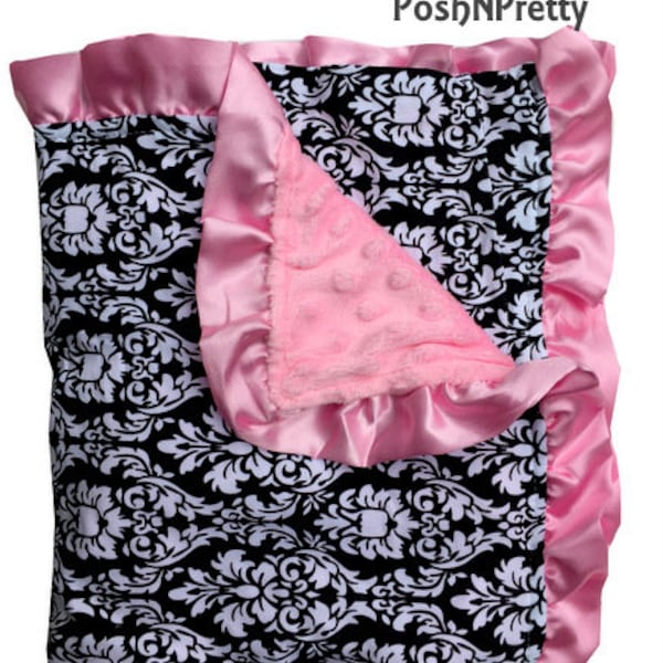 One Soft and Cozy Large Luxury Minky blanket satin ruffle trim - CHOOSE Chevron, Quatrefoil