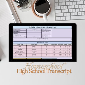 May include: A homeschool transcript for John Doe, showing a 3.20 GPA and grades for freshman year courses including Algebra 1, English, Biology, US History, Gym, Finance, and Spanish.
