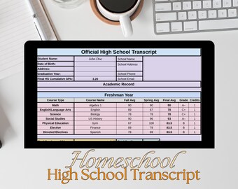 May include: A homeschool transcript for John Doe, showing a 3.20 GPA and grades for freshman year courses including Algebra 1, English, Biology, US History, Gym, Finance, and Spanish.