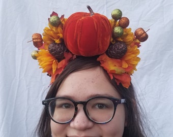 Pumpkin Headband Thanksgiving Hair Accessory Fall Harvest Autumn Headband Velvet Pumpkin Acorns Leaves Headband Fascinator