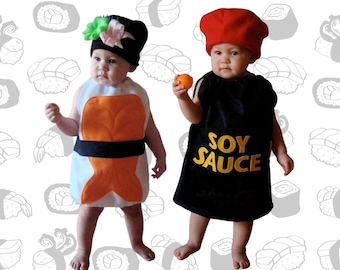 Baby Sushi and Soy Sauce Costume Halloween Toddler Costumes Twin Halloween Family Costumes For Groups Shrimp Sushi Costume Wasabi and Ginger