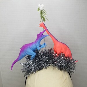 Dinosaur Mistletoe Kissing Dinosaur Christmas Headband Tacky Christmas Ugly Christmas Party Ugly Xmas Accessory Christmas Funny Headband image 3