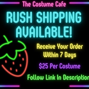 K&ouml;nnte beinhalten: Neon-Schild mit dem Text "The Costume Cafe" und "Rush Shipping Available!" in einem Regenbogen aus Farben. Das Schild enth&auml;lt auch eine Erdbeergrafik und den Text "Receive Your Order Within 7 Days 25&euro; Per Costume Follow Link In Description."
