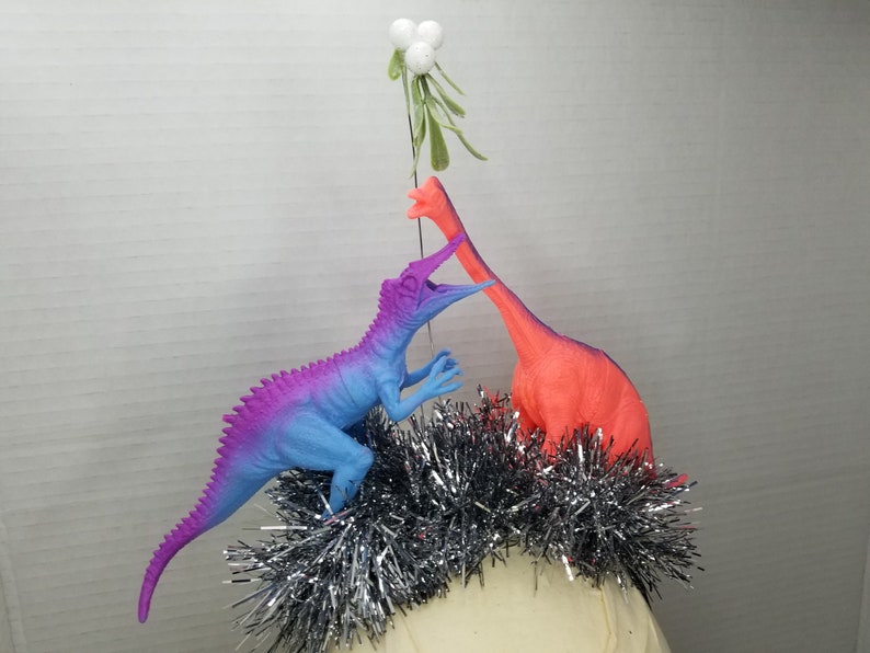 Dinosaur Mistletoe Kissing Dinosaur Christmas Headband Tacky Christmas Ugly Christmas Party Ugly Xmas Accessory Christmas Funny Headband image 1