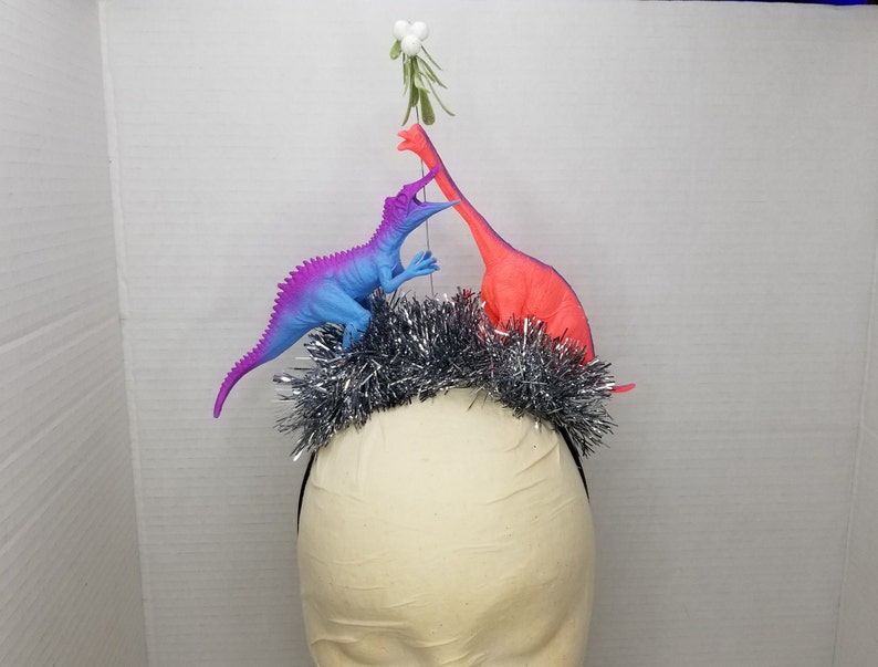 Dinosaur Mistletoe Kissing Dinosaur Christmas Headband Tacky Christmas Ugly Christmas Party Ugly Xmas Accessory Christmas Funny Headband image 2