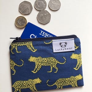 Porte-monnaie imprimé léopard | Sac à main à imprimé animal | Sac à main végétalien | Jolie pochette pour pièces de monnaie | Cadeau pour amoureux des chats | Porte-monnaie bleu