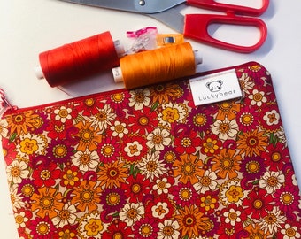 Orange floral print pouch, medium zip pouch, storage pouch, vegan zip pouch, medium zip pouch, makeup bag, pencil case, retro print pouch