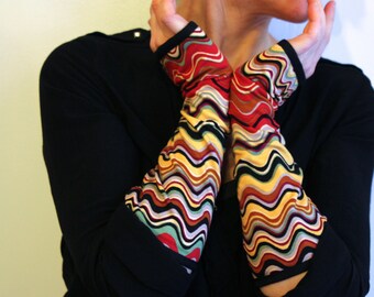 Long Mitt with Multicolored Patterns, in cotton jersey. Wool Spread Mitten Woman handmade