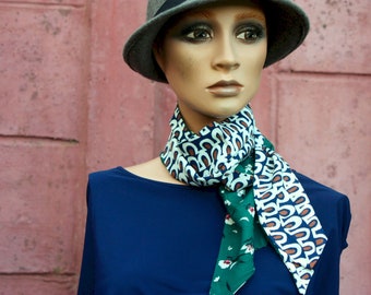 Long and fine blue Navy Scarf White and green Flowers and arabesque in cotton, Lavallière light scarf.