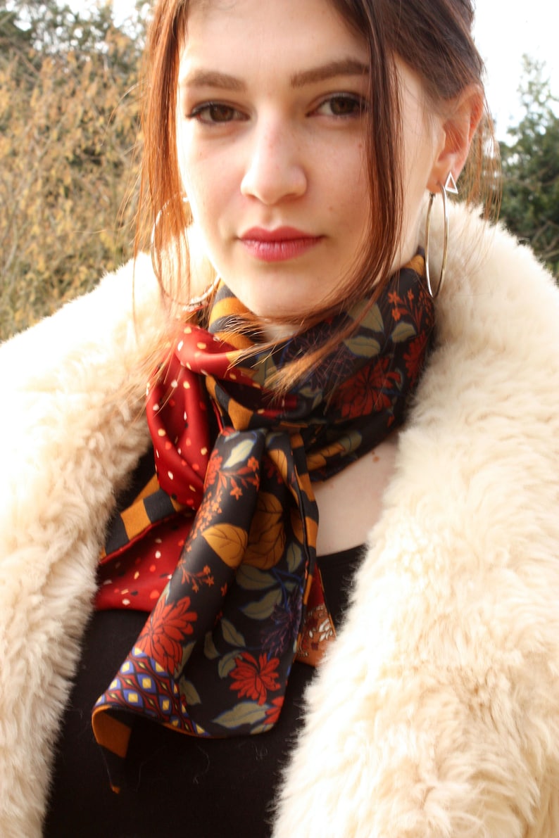 Slice of wool Ascot scarf with flowers in fall colors vintage scarves in satin