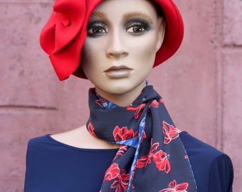 Long scarf and fine style Lavallière Navy blue with Red Flowers and Feather Blue, cotton and Viscose. Vintage Scarf Marine Style.
