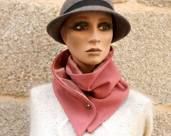 Women's Scarf, Button Collar in Indian Pink Wool Sheet and Pink Velvet.