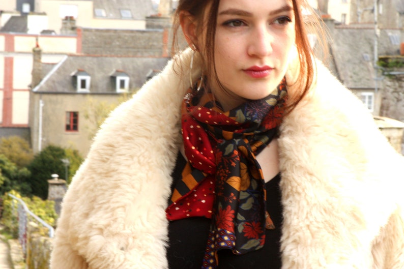 Slice of wool Ascot scarf with flowers in fall colors vintage scarves in satin