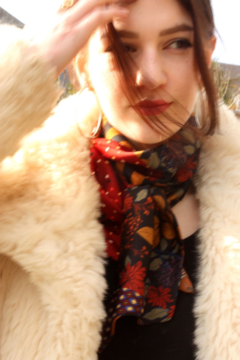 Slice of wool Ascot scarf with flowers in fall colors vintage scarves in satin