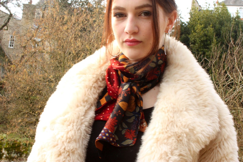Slice of wool Ascot scarf with flowers in fall colors vintage scarves in satin