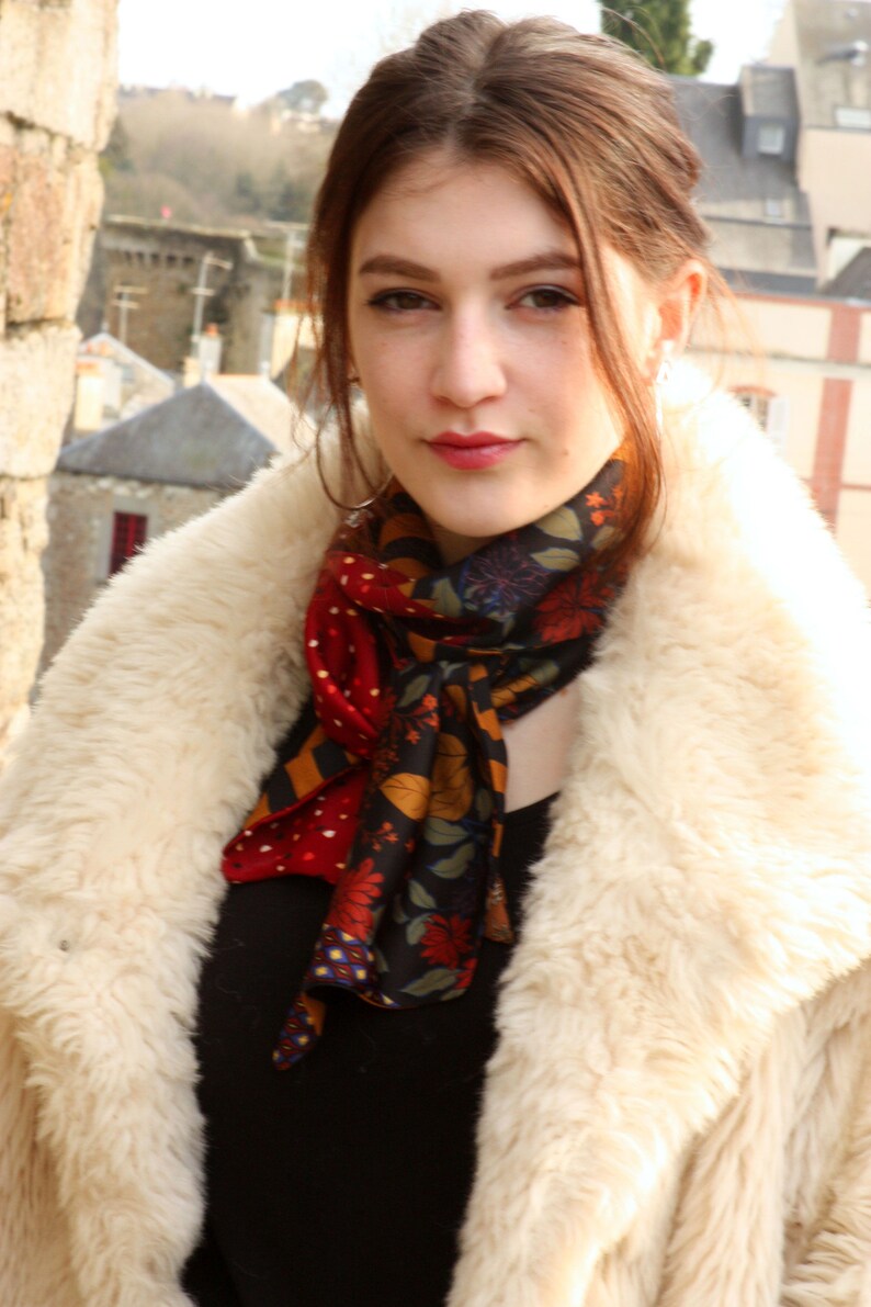 Slice of wool Ascot scarf with flowers in fall colors vintage scarves in satin