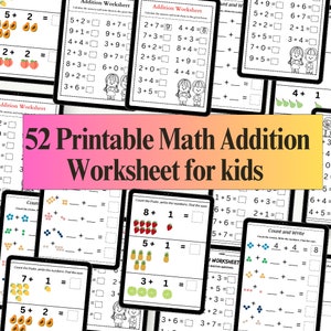 Pode incluir: Um conjunto de 52 folhas de trabalho de adição matemática imprimíveis para crianças. As folhas de trabalho apresentam ilustrações coloridas de frutas e outros objetos para ajudar as crianças a aprender os fatos básicos de adição. As folhas de trabalho são projetadas para serem divertidas e envolventes para os jovens alunos.