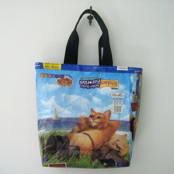 Items similar to Recycled Cat Food Bag Tote Puss n Boots on Etsy