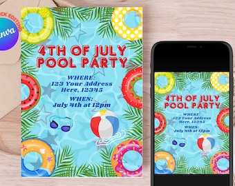 4th Of July Party Invitation Template, 4th of July BBQ Invite, Independence Day Invite, 4th Of July Editable Template, American Pool Party