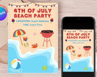 4th Of July Party Invitation Template, 4th of July BBQ Invite, Independence Day Invite, 4th Of July Editable Template, American Beach Party