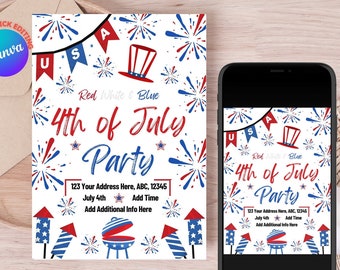 4th Of July Party Invitation Template, 4th of July BBQ Invite, Independence Day Invite, 4th Of July Editable Template, American BBQ Invite