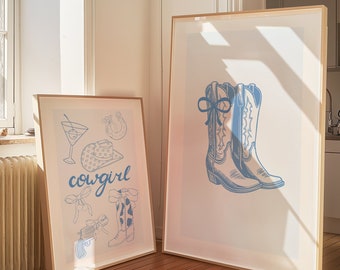 Cowgirl Coquette, Blue Coquette, Trendy Bow Poster, Preppy Blue Wall Art, Dorm Decor For Teens, Coquette Room Decor, Coastal Cowgirl Art