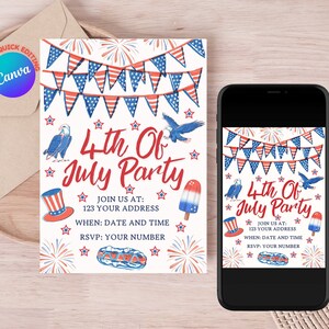 4th Of July Party Invitation Template, 4th of July BBQ Invite, Independence Day Invite, 4th Of July Editable Template, American BBQ Invite