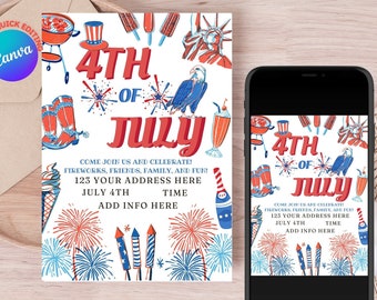 4th Of July Party Invitation Template, 4th of July BBQ Invite, Independence Day Invite, 4th Of July Editable Template, American BBQ Invite