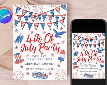 4th Of July Party Invitation Template, 4th of July BBQ Invite, Independence Day Invite, 4th Of July Editable Template, American BBQ Invite