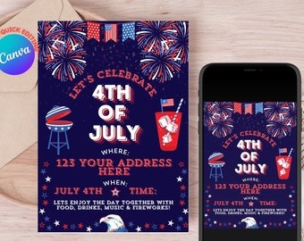 4th Of July Party Invitation Template, 4th of July BBQ Invite, Independence Day Invite, 4th Of July Editable Template, American BBQ Invite