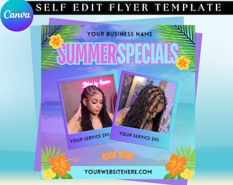 May include: A colourful flyer template with a purple and blue gradient background, displaying the text "SUMMER SPECIALS" in turquoise and pink. Two photos are shown with the text "YOUR SERVICE £90". The flyer includes tropical floral and leaf accents, and the text "BOOK NOW!"