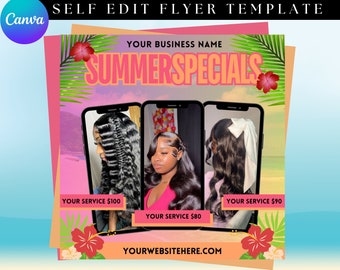 May include: A pink and orange flyer with a tropical theme advertising summer specials for hair services. The flyer features three photos of women with different hairstyles and the text "YOUR BUSINESS NAME SUMMER SPECIALS YOUR SERVICE £100 YOUR SERVICE £80 YOUR SERVICE £90 YOURWEBSITEHERE.COM".