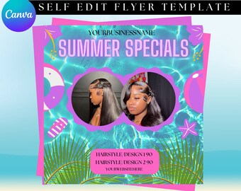 May include: A pink and blue flyer with a summer theme. It features two women with long black hair, a swimming pool, palm trees, and the text "SUMMER SPECIALS". The flyer also includes the text "YOURBUSINESSNAME", "HAIRSTYLE/DESIGN 1 90", "HAIRSTYLE/DESIGN 2 90", and "YOURWEBSITEHERE".