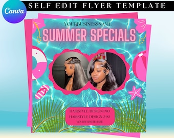 May include: A pink and blue flyer with a summer theme. It features two women with long black hair, a beach scene, and the text "SUMMER SPECIALS". The flyer also includes the text "YOURBUSINESSNAME", "HAIRSTYLE/DESIGN 1 90", "HAIRSTYLE DESIGN 2 90", and "YOURWEBSITEHERE".