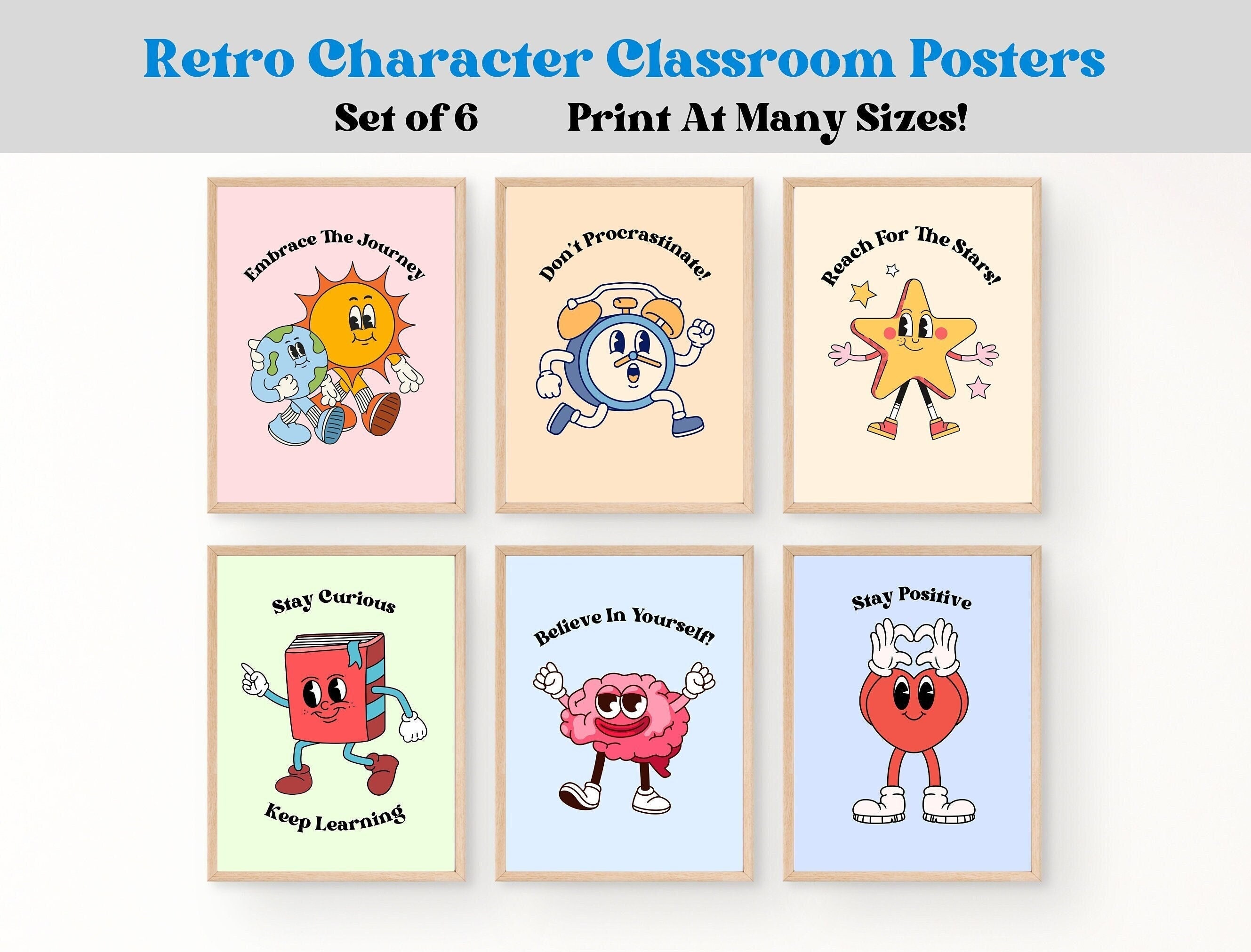 Colorful Retro Educational Classroom Poster Bundle, Quotes, Emotions Chart, Growth Mindset, Bulletin Board Kit, Pastel Classroom, Groovy