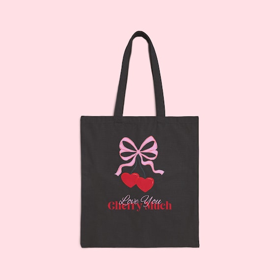 Cherry Valentines Day Tote Bag, Pink Cherry Coquette Bow, Love You