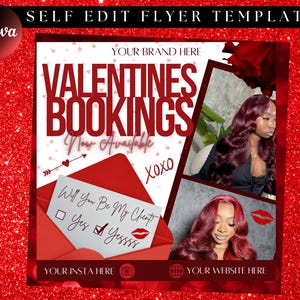 May include: A Valentine's Day themed flyer with a red and white background. The text "VALENTINES BOOKINGS Now Available" is in large, bold, black letters. The flyer also includes a photo of a woman with long, red hair and a photo of a red envelope with the text "Will You Be My Client? Yes YESSSS" on it.