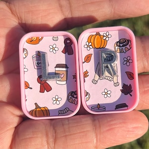 May include: Two rectangular pink plastic charms featuring a light pink background with a repeating pattern of orange pumpkins, white flowers, brown scarves, coffee cups, and cinnamon rolls. A silver metal letter L is on one and R on the other.