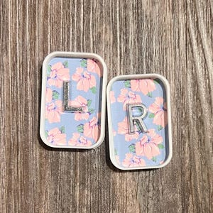 May include: Two rectangular white plastic frames with rounded corners, each containing a light blue background with a pink floral pattern. The left frame features a silver letter L, and the right frame features a silver letter R in the center.