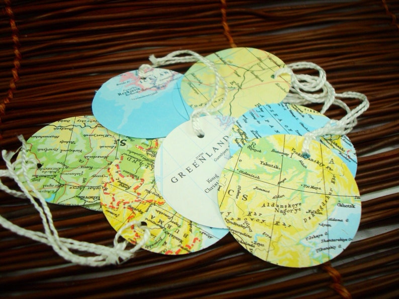 Vintage Map Tags Set of 10 Round image 2