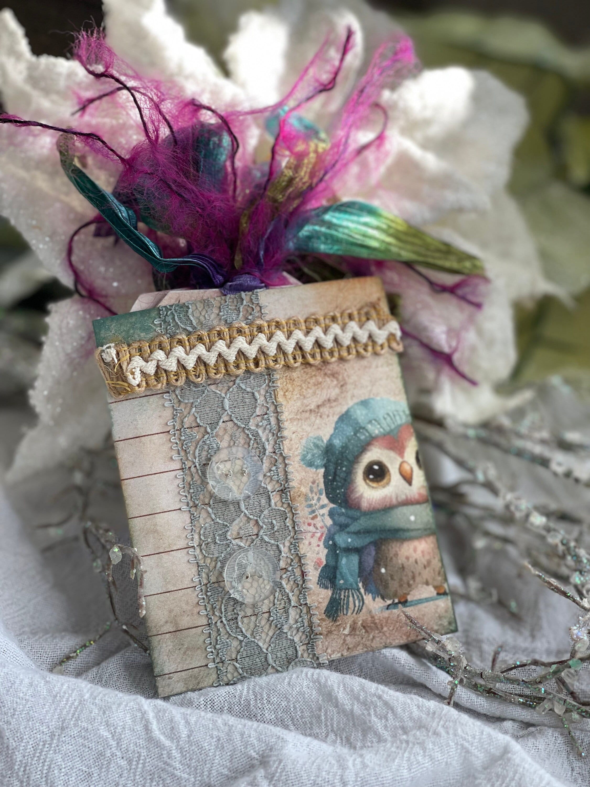 Handmade Paper Watercolor Winter Owls Christmas Gift Tag Set