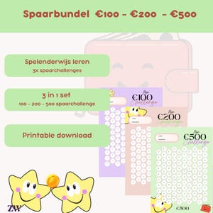 Op de afbeelding: Een printbaar spaaruitdagingspakket met drie verschillende uitdagingen: €100, €200 en €500. Het ontwerp bevat sterillustraties, een portemonnee-afbeelding en tekst in het Nederlands. De bundel is ontworpen om te leren terwijl je spaart.
