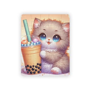 Kids&#39; Puzzle, 30-Piece - Kitten holding boba tea, Fun Jigsaw Game for Children, Cute Animal Puzzle, Educational Toy, Kids Gift Idea