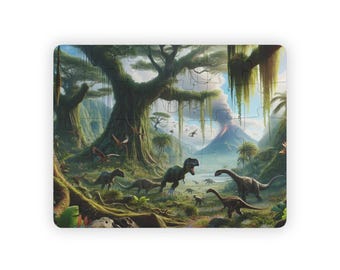 May include: A colorful jungle scene with a variety of dinosaurs, including a Tyrannosaurus Rex, a Brachiosaurus, and a Pterodactyl. A volcano erupts in the background.